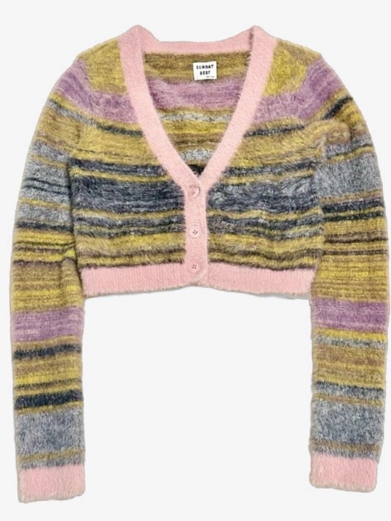 Sunday Best Sweaters - Sunday Best Pink-Trim Multicolor Striped V-Neck Cropped Cardigan